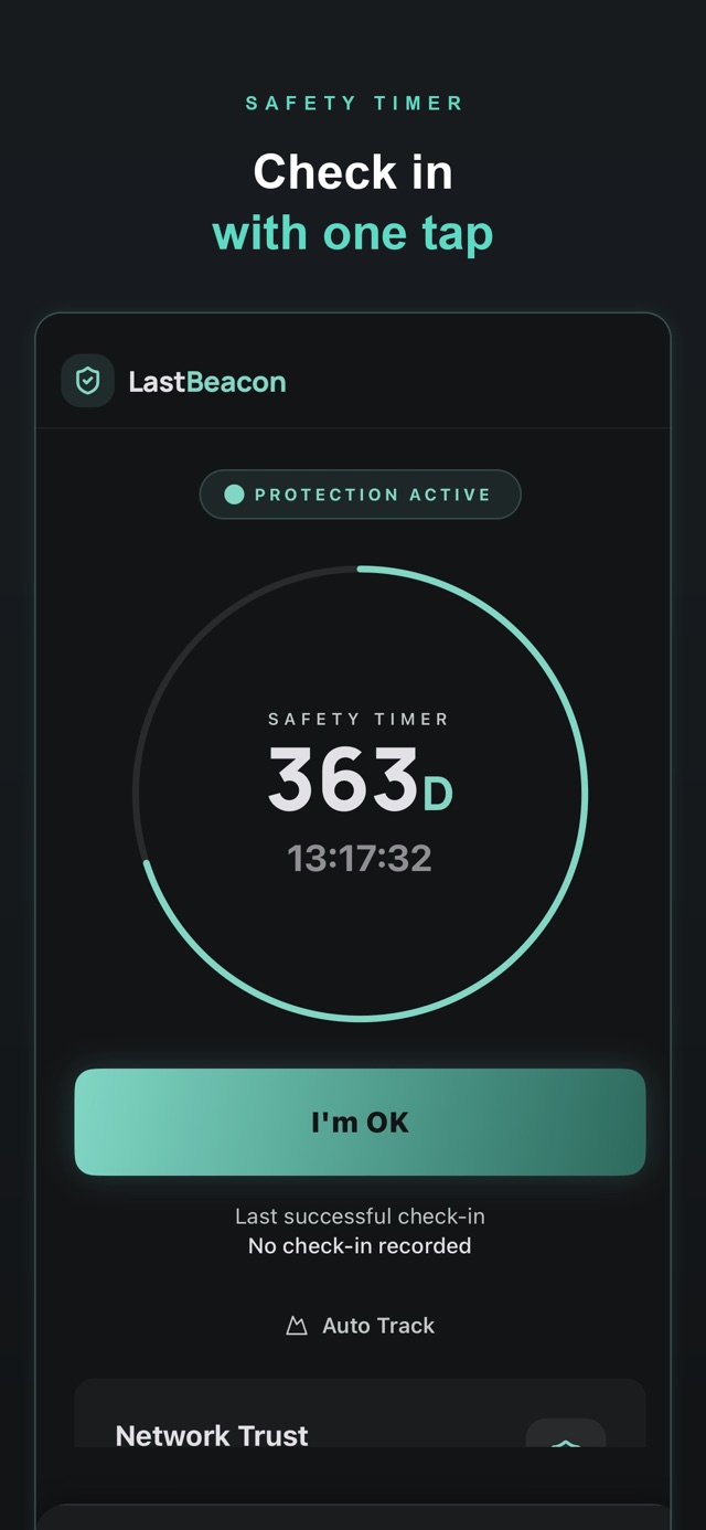 Safety timer home screen — check in with one tap